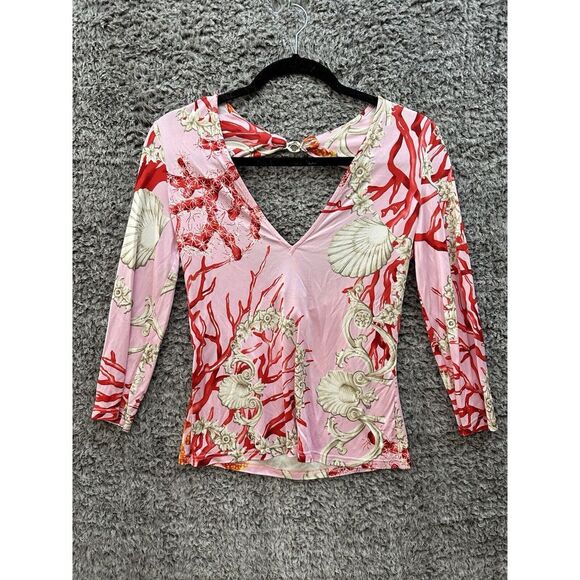 Vintage Rare Versace‎ Pink Coral Print Back Cut Out Top Size S/M
